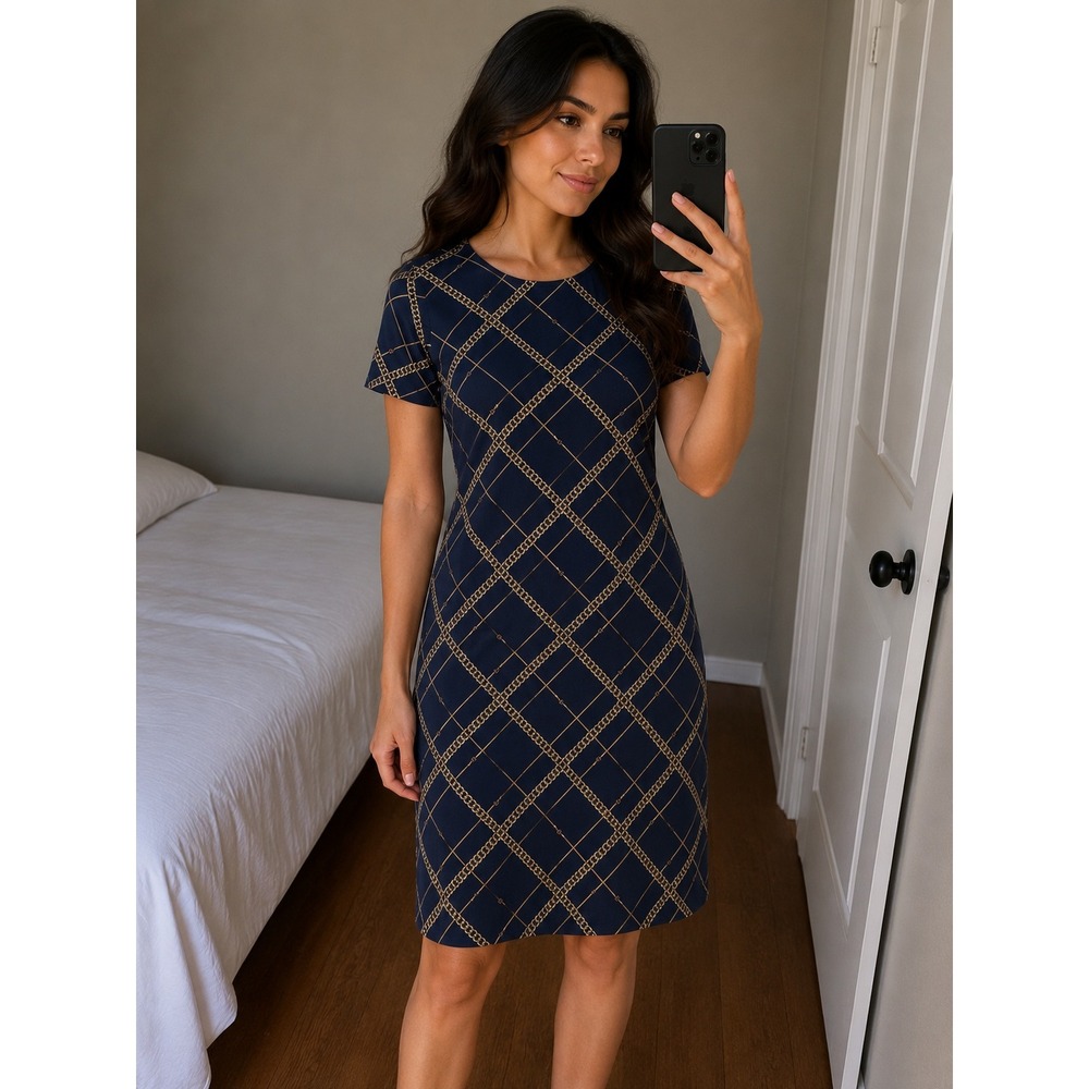 Ophelia Roe Women 3X Navy Gold Chain Link‎ Button Short Sleeve Shift Dress